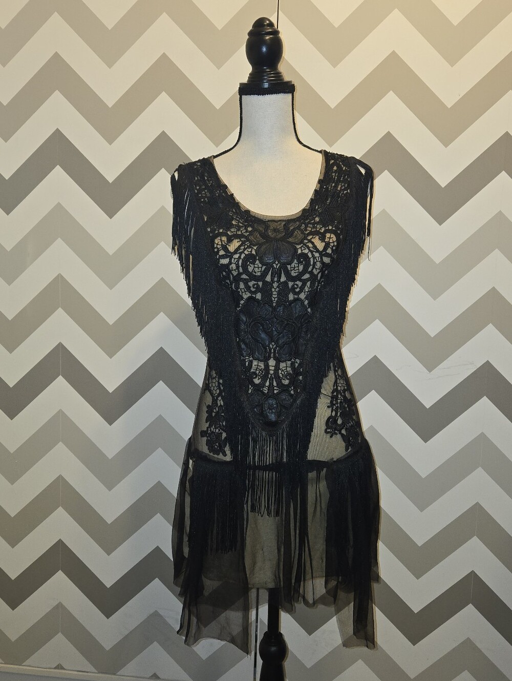 Women's Black Lace Fringe Chemise Dress